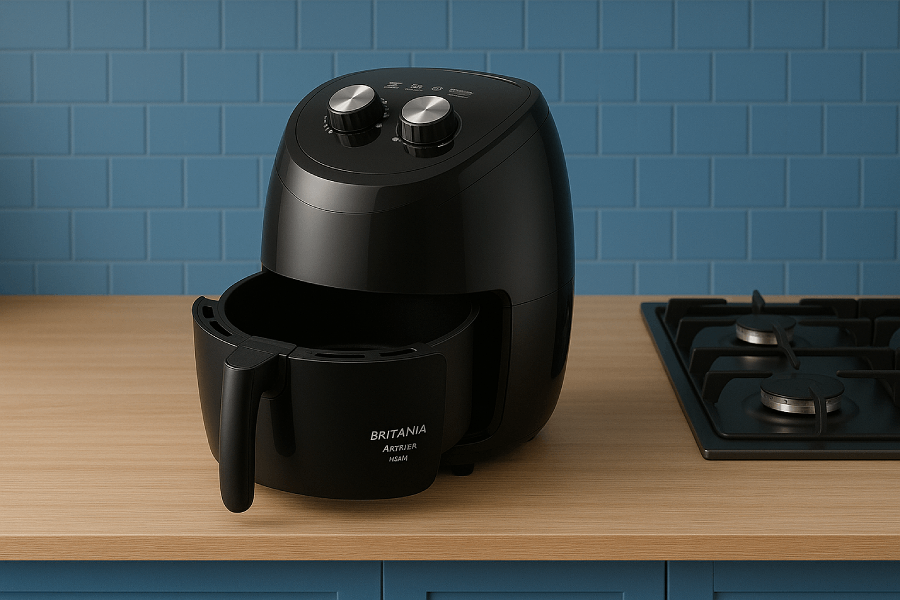Air Fryer Britania BFR25P em uma cozinha azul
